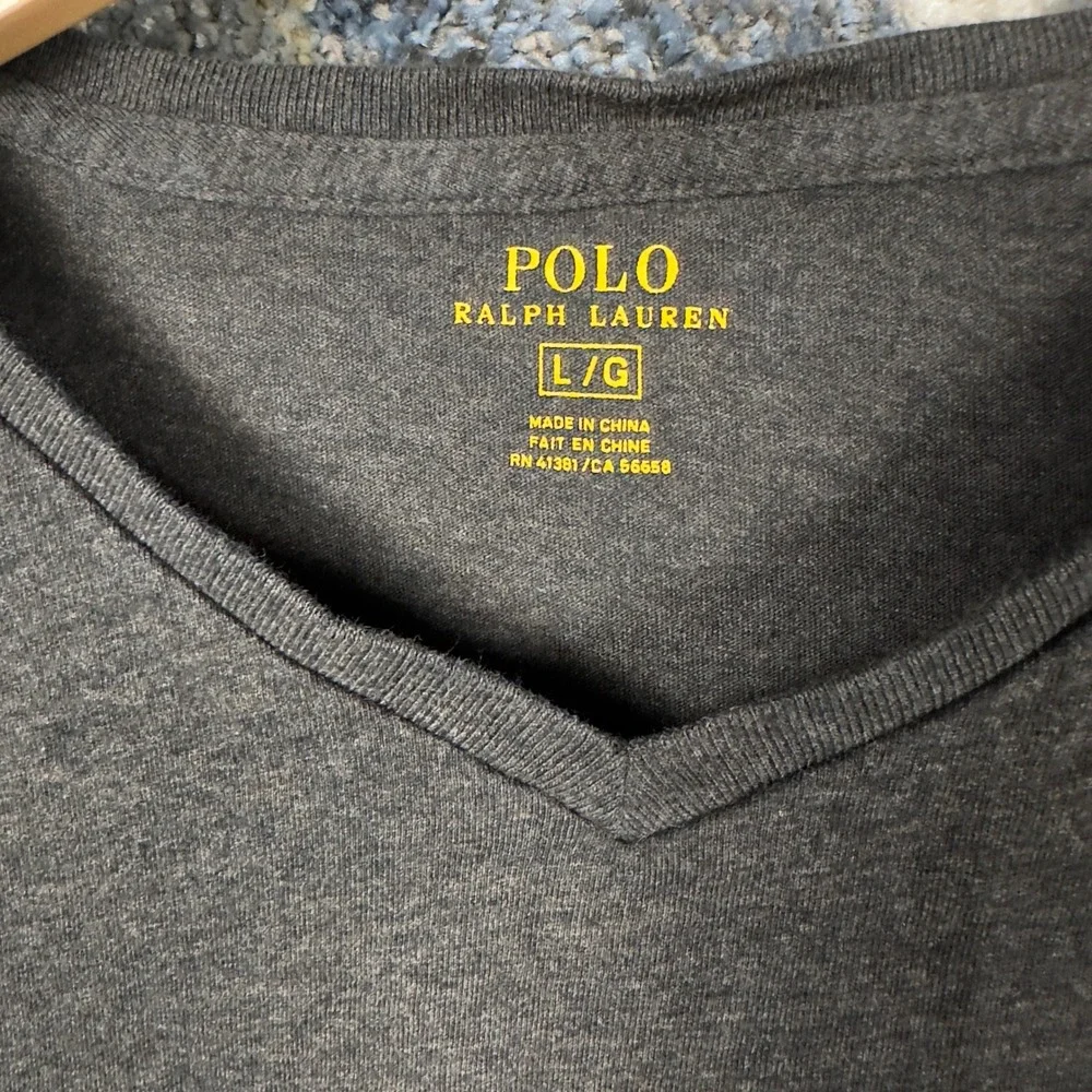 Polo‎ Ralph Lauren V-Neck T-Shirt Mens L Grey Red Pony Logo Short Sleeve